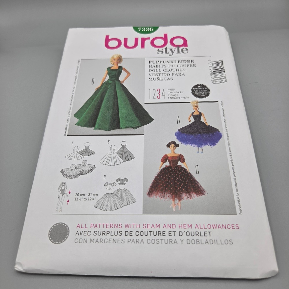 Burda Style 7336 Doll Clothes Sewing Pattern 11.5-12.75 inch Fashion Doll Gowns